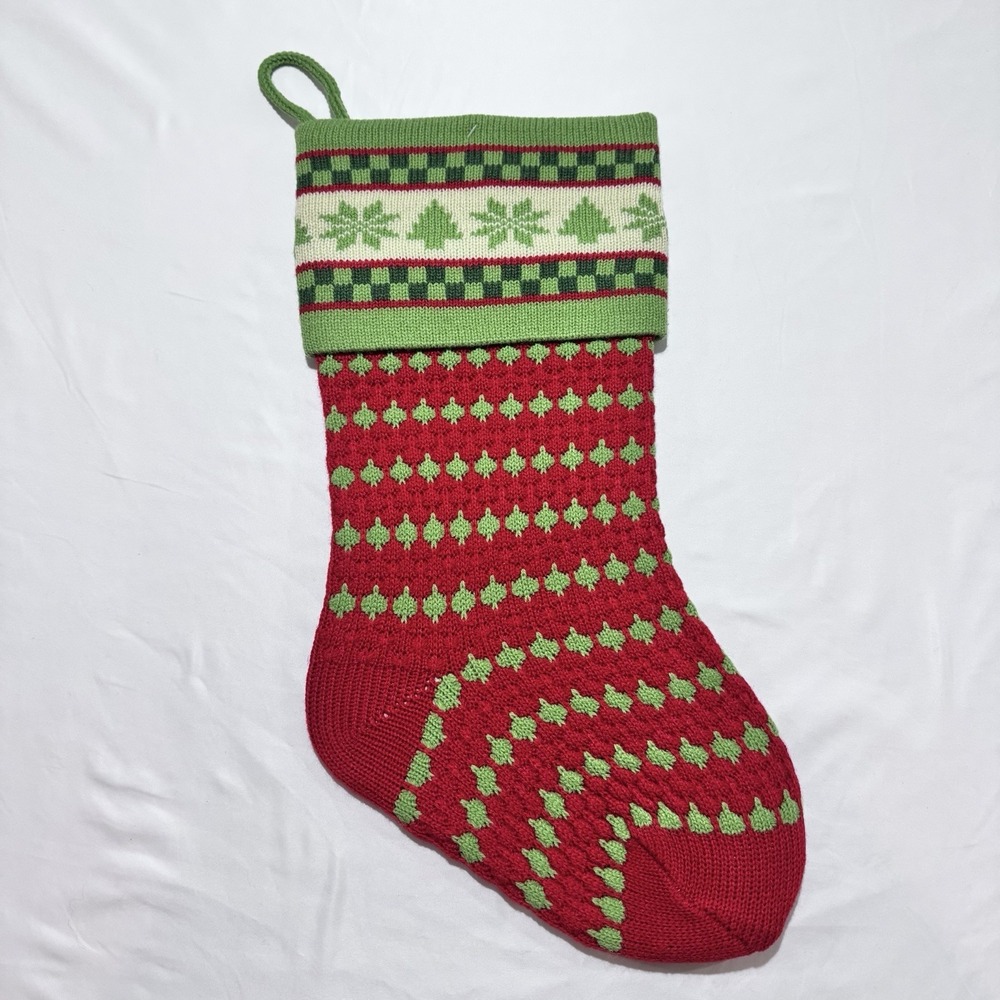Vintage Style Christmas Sweater Knit Stocking 18" Red Green Tan Cuff Design NEW
